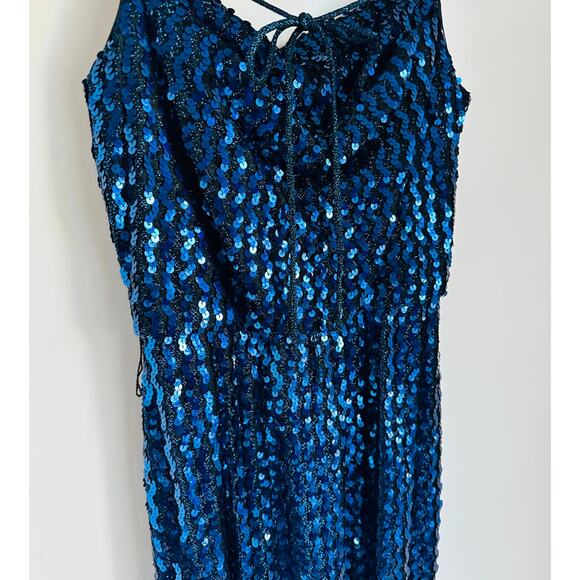 Vintage 80s Full Sequin Gown Size Medium Blue Full Length Fitted Party Made USA - Picture 3 of 9